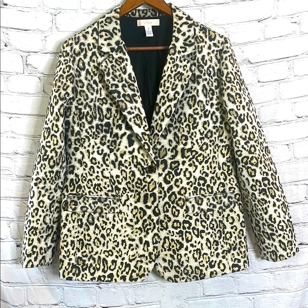 Chico's Black Cream Metallic Gold Leopard Print Blazer Jacket Size 12